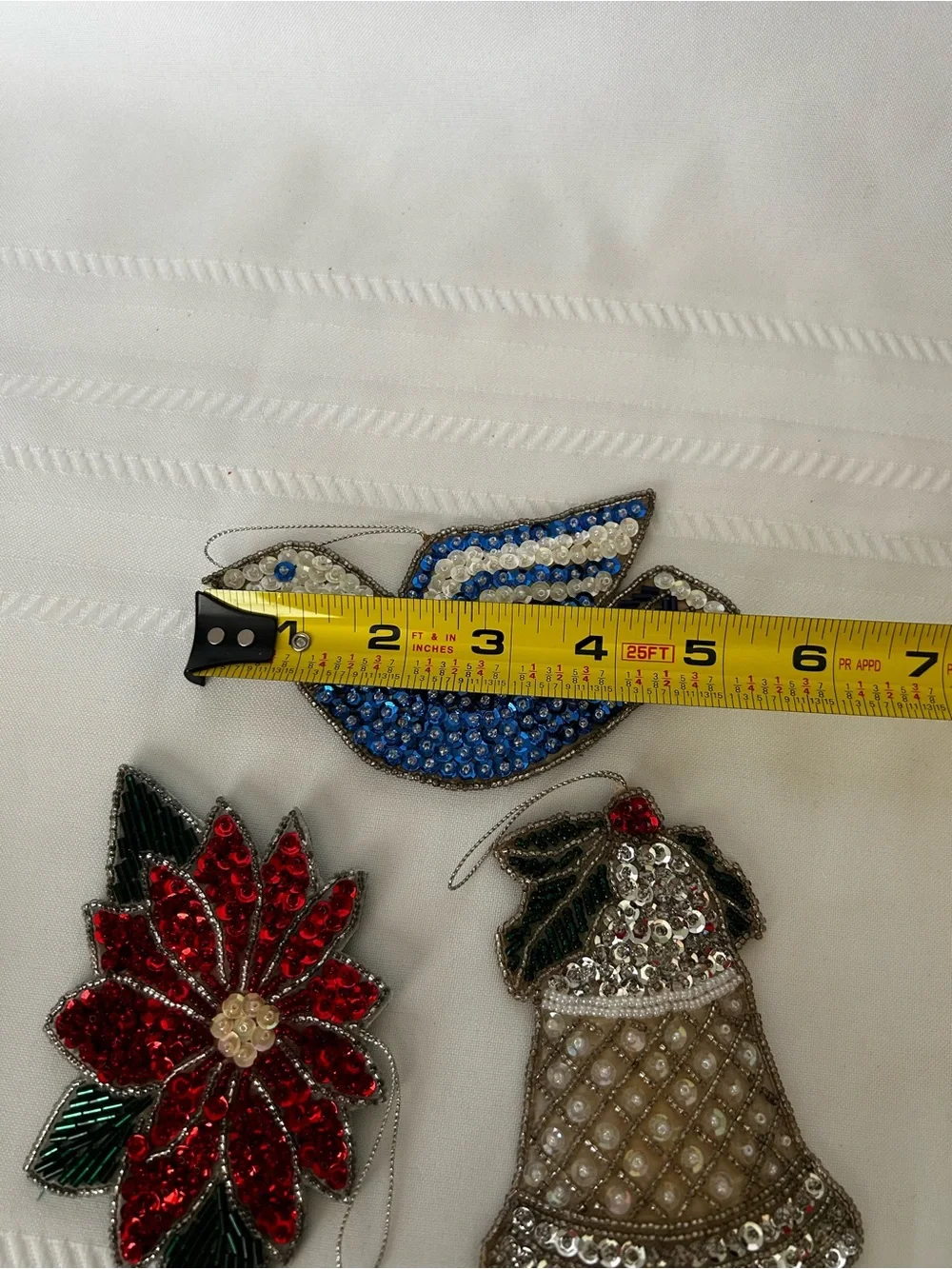 Vintage Set of 3 Avon Christmas Ornament Bell Pointsettia Dove Shimmering Sequin